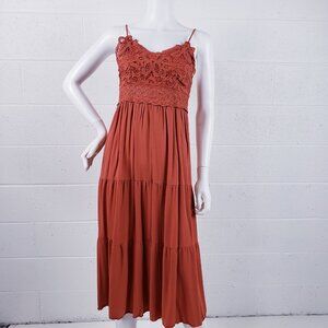 Dokuritu Sleeveless Maxi Dress Empire Waist Brick Red Crochet Top Size Small